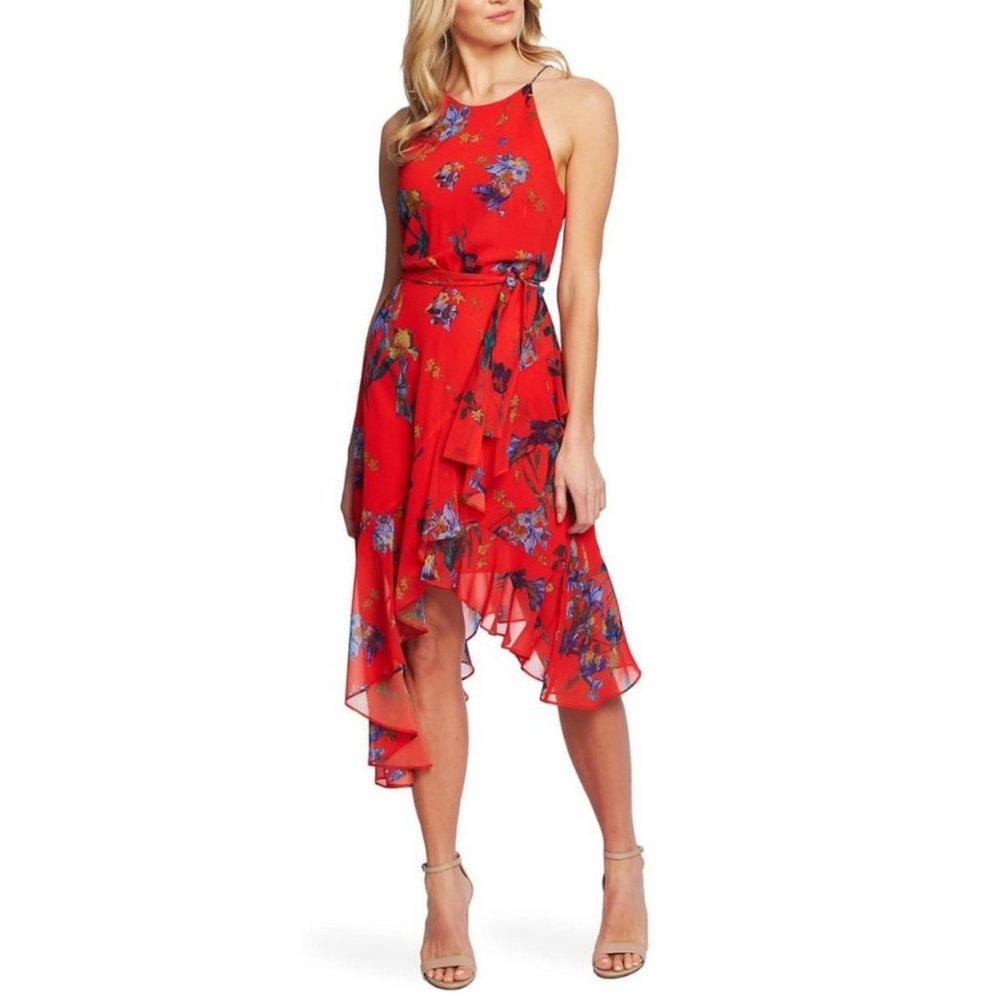 CeCe Red Floral High Neck Asymmetrical Midi Dress